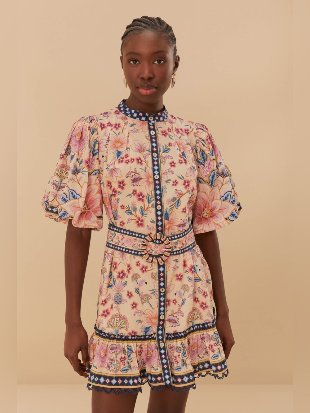 FARM RIO Cream Superbloom Tapestry Puff Sleeve Mini Dress